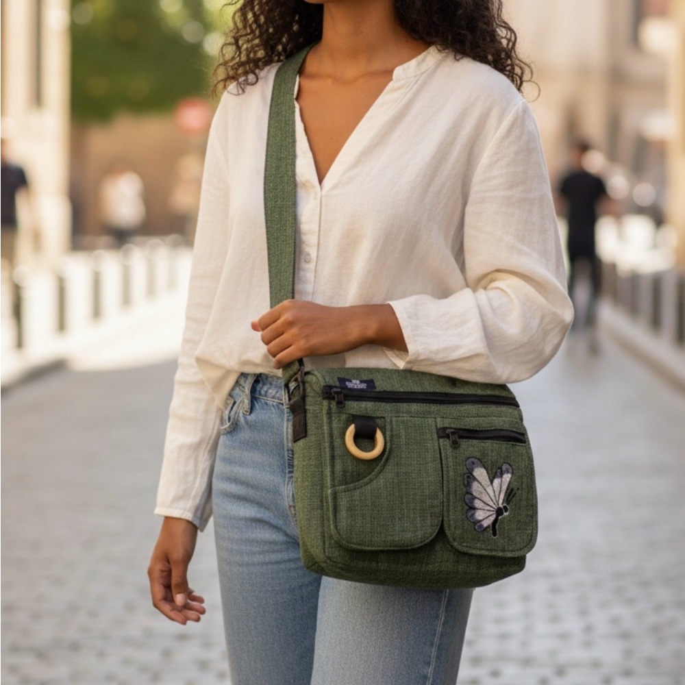 Elegant Green Crossbody Bag with Butterfly Embroidery, Handmade Ethical Bag